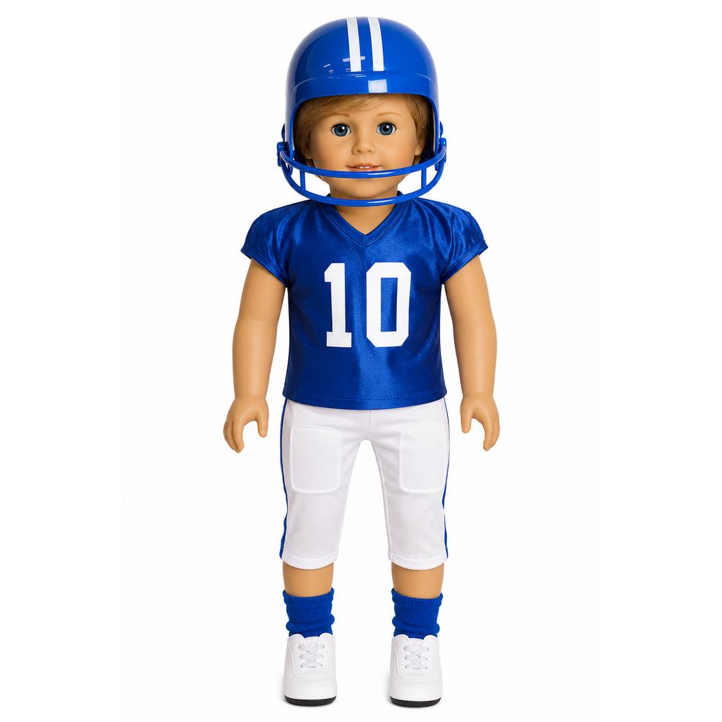 18-inch doll wearing a blue football uniform with helmet, cleats, socks, football pants, and football.