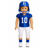 18-inch doll wearing a blue football uniform with helmet, cleats, socks, football pants, and football.