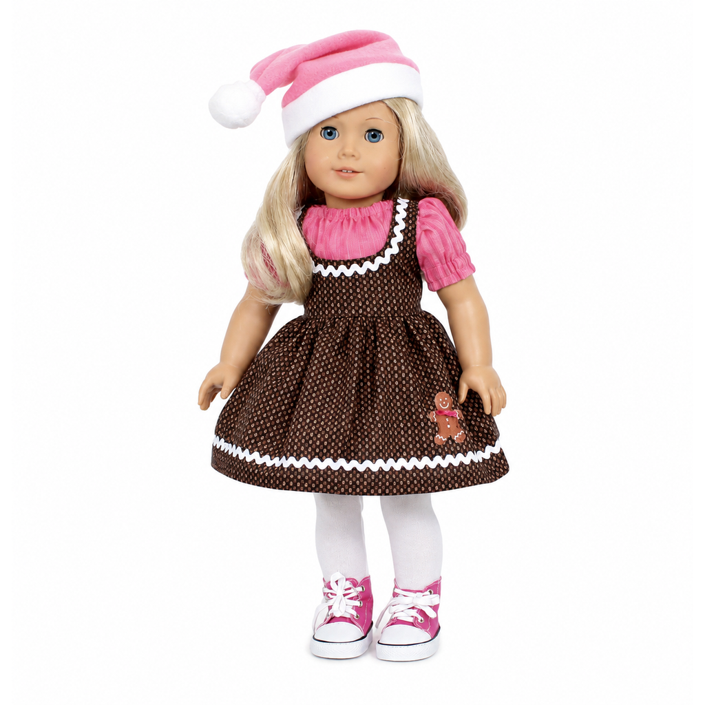 18-inch doll wearing a brown gingerbread Christmas jumper with pink striped blouse and pink and white Santa hat