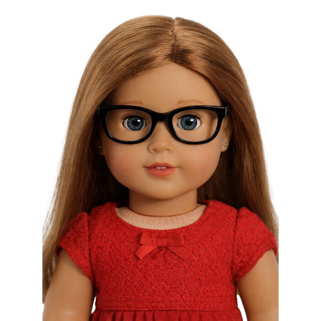 An 18" Doll with black glasses and a red dress on a white background