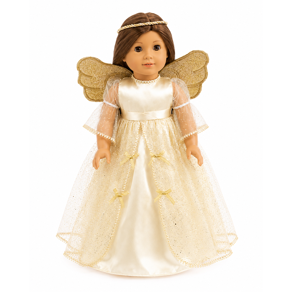 18-inch doll wearing a shimmering gold angel dress with attached wings and a braided gold halo.