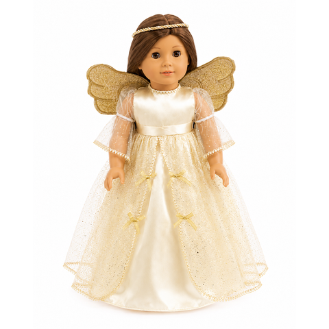 18-inch doll wearing a shimmering gold angel dress with attached wings and a braided gold halo.