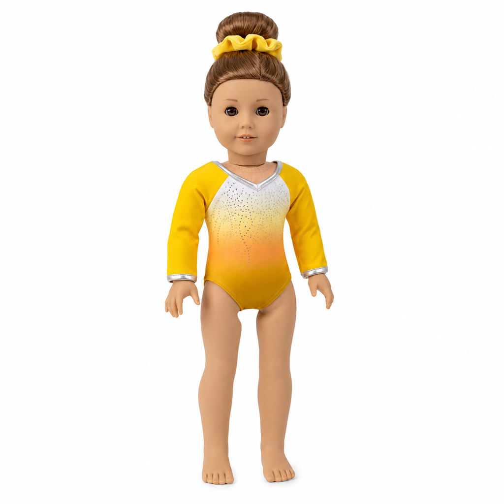 18-inch doll gold ombre gymnastics leotard with sparkling rhinestones, silver trim, and matching gold scrunchie displayed on a white background.