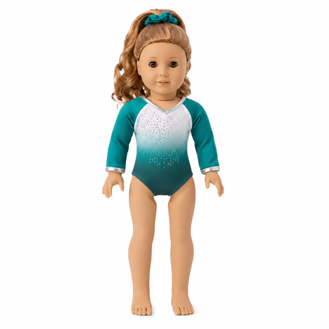18-inch doll teal ombre gymnastics leotard with sparkling rhinestones, silver trim, and matching teal scrunchie displayed on a white background.