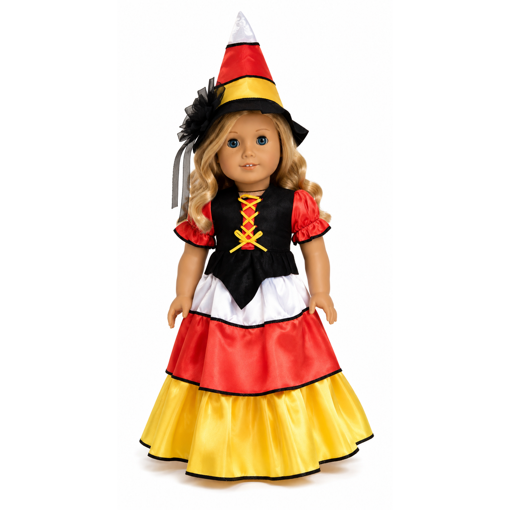 An 18-inch doll wearing a Candy Corn Halloween Witch Outfit with orange, yellow, white and black gown and matching pointed witch hat.