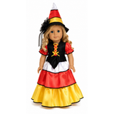 An 18-inch doll wearing a Candy Corn Halloween Witch Outfit with orange, yellow, white and black gown and matching pointed witch hat.