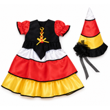 Candy Corn Halloween Witch Outfit for 18-inch dolls with orange, yellow, white and black gown and matching pointed witch hat.