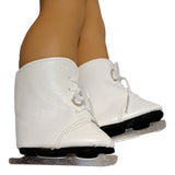 A pair of white ice skates with metal blades, shown on an 18-inch doll's legs against a plain white background.