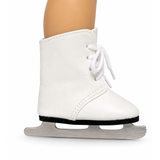 White ice skate boots with white laces and a silver metal blade, shown on a white background with an 18-inch doll leg inserted at the top.