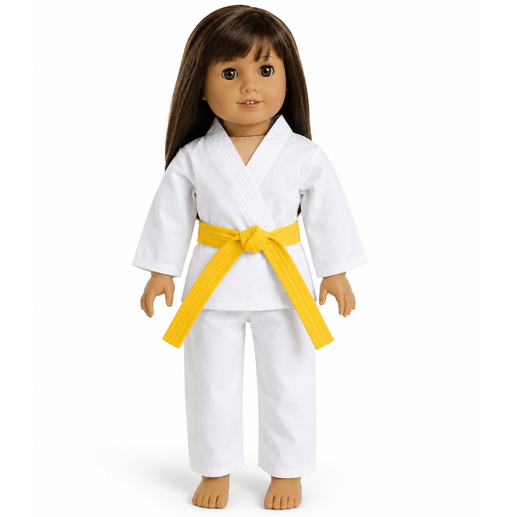 An 18-inch doll with long dark brown hair wearing a white martial arts uniform with a bright yellow belt, standing against a plain white background.