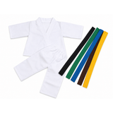 A white martial arts uniform set for 18-inch dolls with a matching belt and five colored belts arranged on a plain white background.