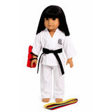 18-inch doll wearing a white karate gi with six colored martial arts belts.