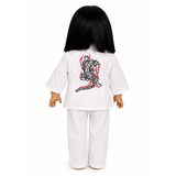 18-inch doll wearing a white martial arts uniform with a tiger design on the back against a white background