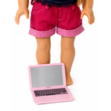 Pink toy laptop computer with reflective screen and realistic keyboard accessory for 18-inch dolls, displayed in front of an American Girl-sized doll on a white background.