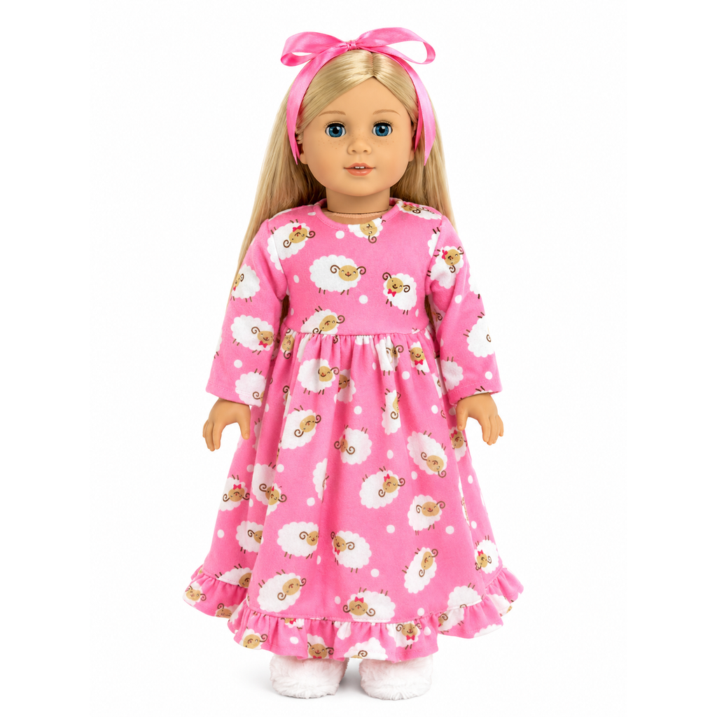 18-inch doll wearing a pink nightgown with a cute lamb design.