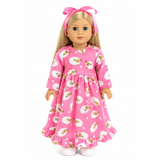 18-inch doll wearing a pink nightgown with a cute lamb design.