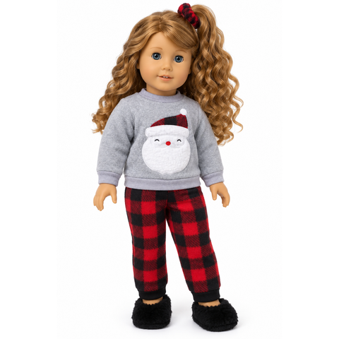 18-inch American Girl-size doll wearing cozy gray fleece Santa sweatshirt and red-and-black buffalo plaid Christmas pajama pants.