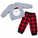 Cozy Fleece Santa Pajamas for 18-inch dolls featuring a gray Santa face sweatshirt and matching red-and-black buffalo plaid fleece pants.