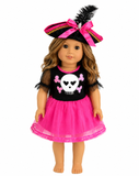 An 18-inch doll wearing a pirate costume with a black top featuring a white skull and pink bows, a bright pink tutu skirt, and a black pirate hat with a pink bow and feather