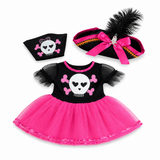 Pink and black pirate outfit for 18-inch dolls with skull dress, feathered pirate hat, and bonus skull-print scarf