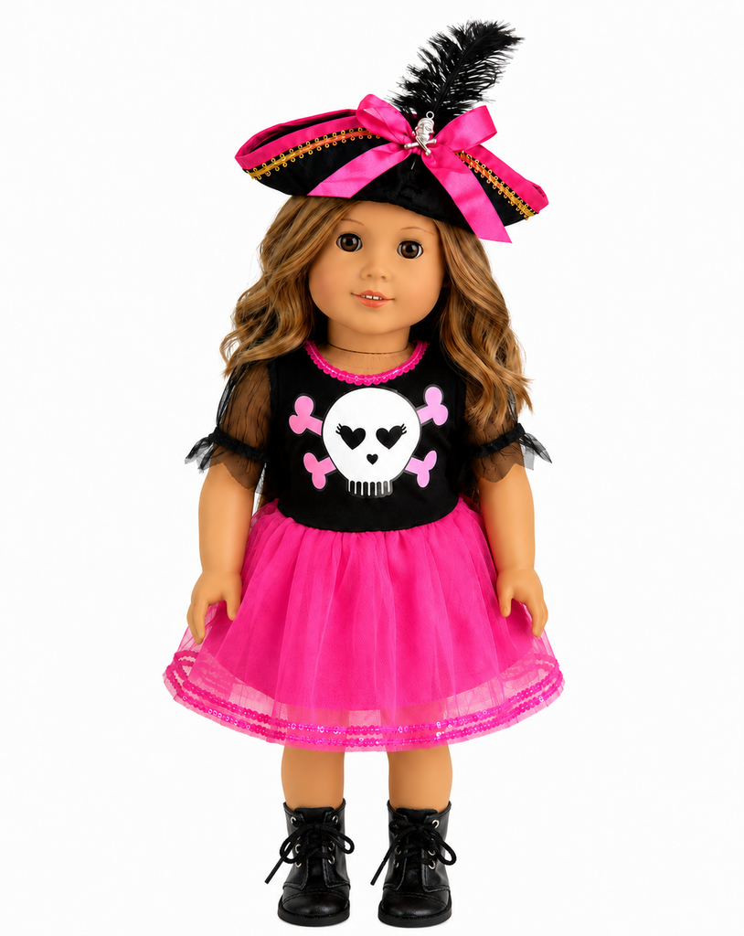 An 18-inch doll in a pirate outfit: a black hat with a large pink bow and feather, a black top with a skull-and-crossbones design, a bright pink tutu skirt, and black lace-up boots, shown against a plain white background.
