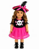 An 18-inch doll in a pirate outfit: a black hat with a large pink bow and feather, a black top with a skull-and-crossbones design, a bright pink tutu skirt, and black lace-up boots, shown against a plain white background.
