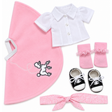 18-inch doll clothing and accessory set laid out on a white background, including a pink skirt with a poodle embroidery, a white short-sleeve collared shirt, pink socks with ruffles, black-and-white shoes, and a pink patterned scarf.