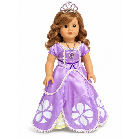American Girl-size 18-inch doll wearing a lavender Princess Sophia-inspired satin gown with pearl trim, jeweled tiara, purple necklace, and matching shoes.