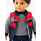 18-inch doll wearing a red and navy jacket with a gray shirt underneath on a white background