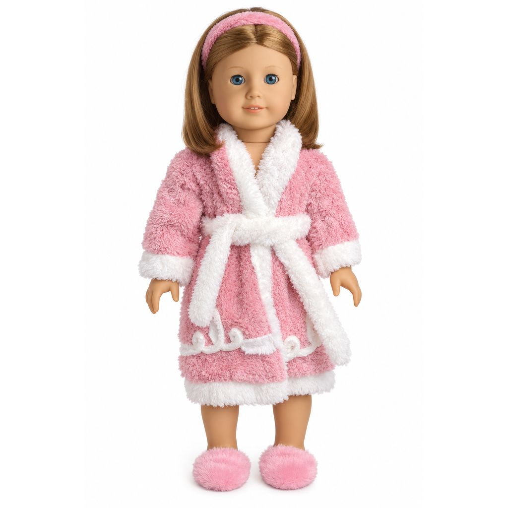 An 18" doll wearing a pink chenille bathrobe with white trim, waist tie, and matching pink slippers.