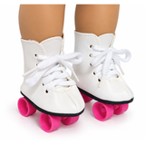 A pair of 18-inch doll roller skate boots with white faux leather uppers, white laces, and bright pink wheels, shown on a doll's legs against a white background.