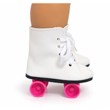 A pair of 18-inch doll's white roller skate boots with white laces, black soles, and bright pink wheels, shown on a doll's legs against a white background.