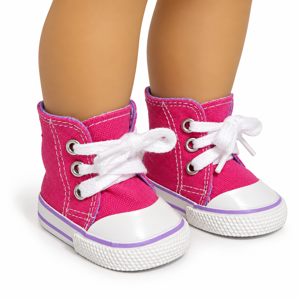 Front View: Hot pink and purple high-top tennis shoes for 18-inch dolls, featuring white laces and rubber toe caps, displayed on doll feet.
