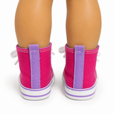 Back View: Rear view of hot pink high-top tennis shoes for 18-inch dolls, showing purple heel tabs and white soles with purple stripes.