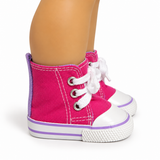 Side View: Side profile of hot pink canvas high-top doll sneakers with white laces, purple trim, and white rubber soles.