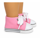 Pink canvas high-top lace-up tennis shoes with white toe caps and white soles for 18-inch dolls.