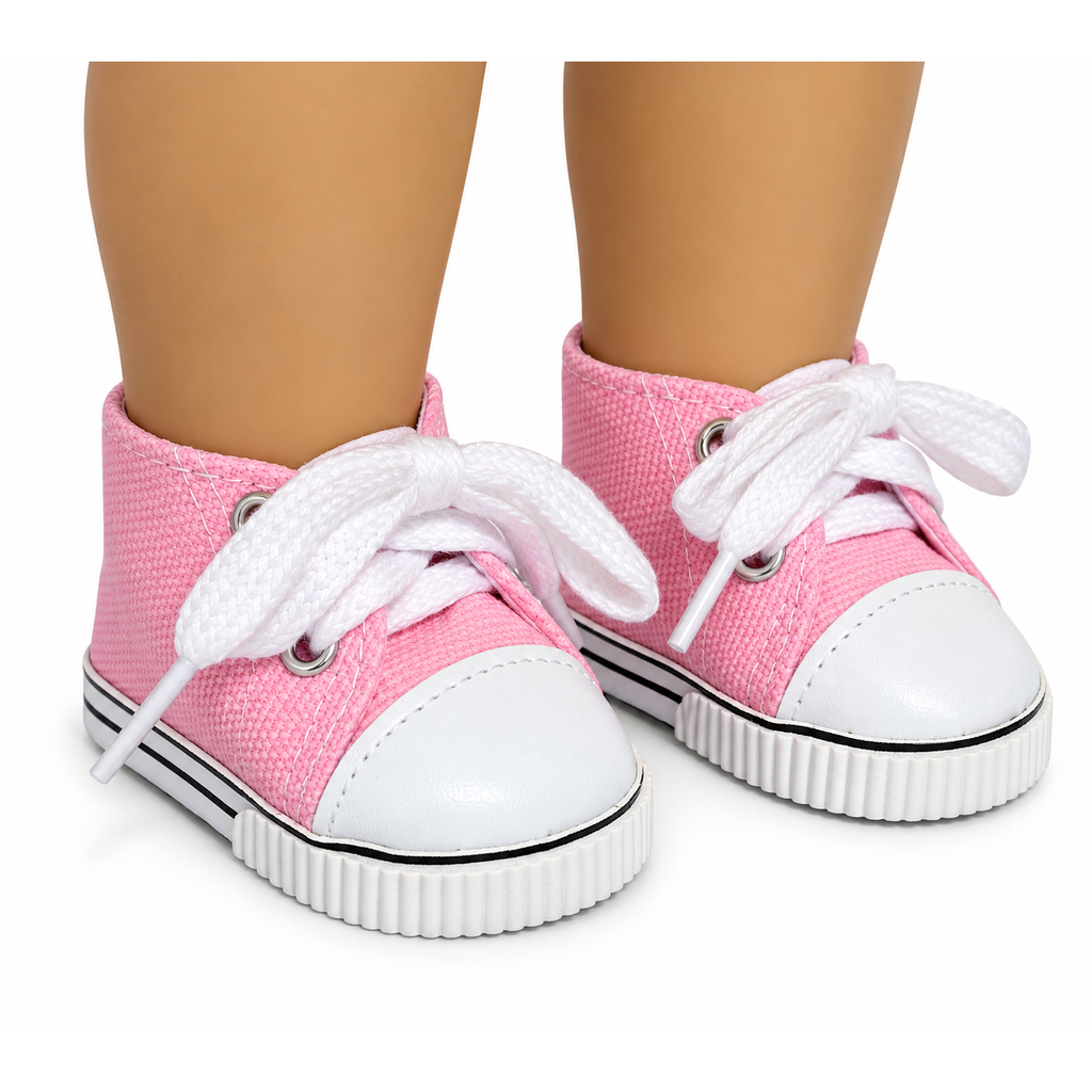 Pink canvas high-top lace-up tennis shoes with white toe caps and white soles for 18-inch dolls.
