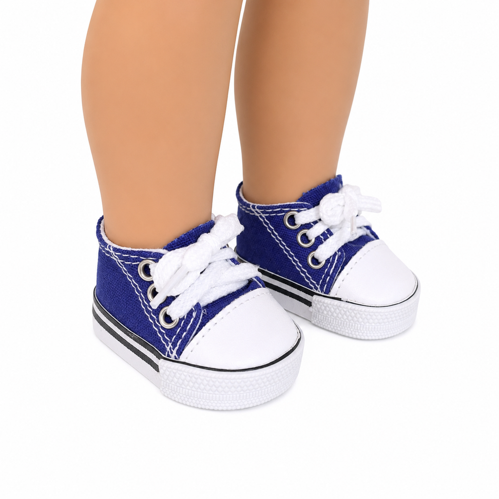 Royal blue canvas tennis shoes with white rubber toe caps and white laces displayed on an 18-inch doll, designed to fit American Girl® and similar 18-inch dolls.