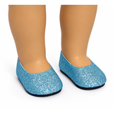 Baby blue glitter ballet flats displayed on the feet of an 18-inch doll.
