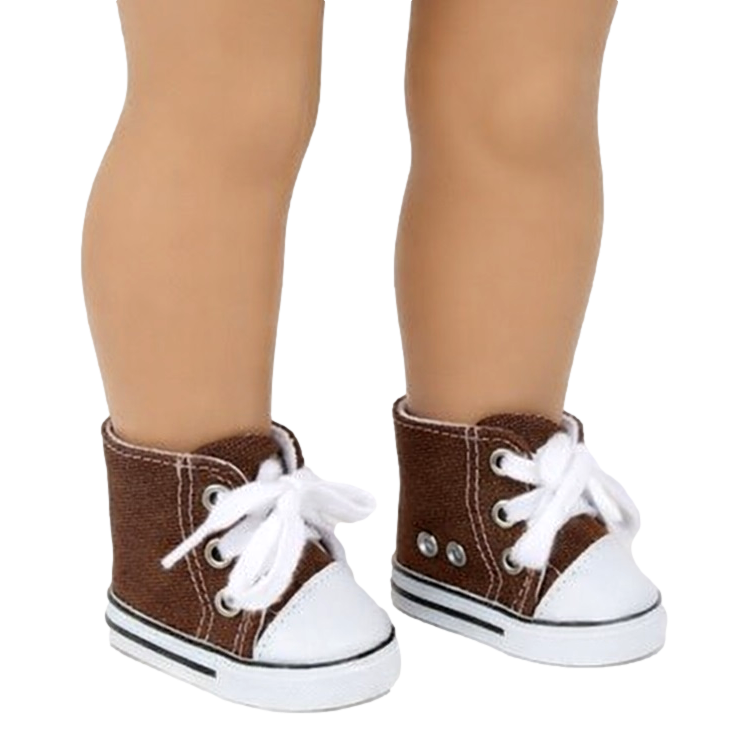 Brown high-top sneakers with white laces on an 18" doll's feet against a white background