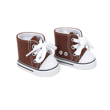 Pair of 18" doll brown high-top sneakers with white laces on a white background