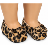 Leopard print fuzzy slip-on shoes with large bows, shown on an 18-inch doll's feet against a plain white background.
