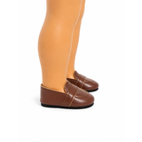 Brown slip-on loafer shoes with tan trim and stitched detailing shown on the feet of an 18-inch doll.