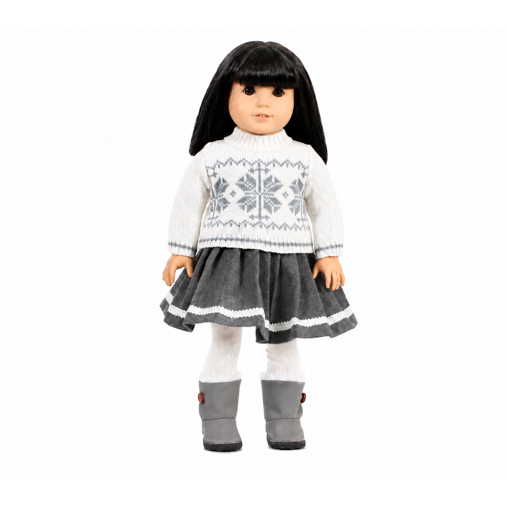 An 18-inch doll with black hair, wearing a white-and-gray patterned sweater, a dark gray skirt, white tights, and gray boots, shown against a plain white background.