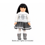 An 18-inch doll with black hair wearing a white and gray patterned sweater, a gray skirt with white trim, white tights, and gray boots, shown against a plain white background with the text 'Boots and Tights not included' below.