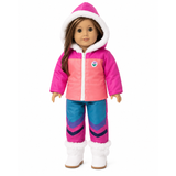 An 18-inch doll wears a pink-and-coral puffer jacket with white faux-fur trim and matching blue-and-pink patterned pants, shown against a plain white background.