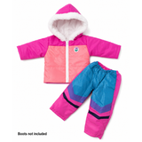 An 18-inch doll's winter outfit set consisting of a hooded puffer jacket and matching pants, shown on a plain white background. The jacket is bright pink with a coral-pink front panel, white faux-fur trim around the hood, and a white front zipper.
