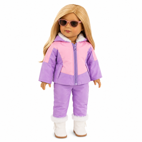 18" doll wearing a lavender and pink snowsuit with faux-fur trimmed hood and matching snow pants