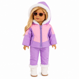 18" doll wearing a lavender and pink snowsuit with faux-fur trimmed hood and matching snow pants