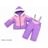 A lavender and pink snowsuit with faux-fur trimmed hood and matching snow pants that fits 18-inch dolls